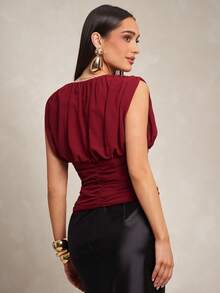 Silquee Áo kiểu nữ không tay cổ chữ V, xếp ly eo, chất liệu chiffon, thời trang, gợi cảm và thanh lịch, thích hợp cho mùa xuân/hè. - Màu Đỏ Sâu - Xem 2