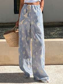 Livesso Vacation Casual Striped Floral Embroidered Women Pants - Blue - View 4