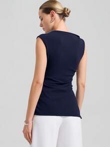 Ontre Women's Elegant Twist Shoulder T-Shirt Top, Side Ruched Slit Waist Cinched Blouse For Urban Commute, Business Casual, Holiday, Party, Summer - Navy Blue - View 2