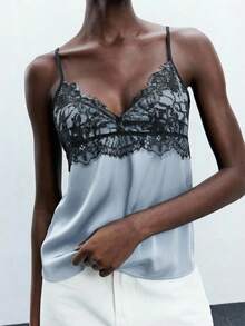 Maija Áo hai dây nữ cổ ren trang trí, kiểu dáng thanh lịch, phù hợp cho công sở, đi làm, dự tiệc, Giáng sinh, Năm mới, tiệc tùng và mặc đi làm. - Màu xanh lam - Xem 5