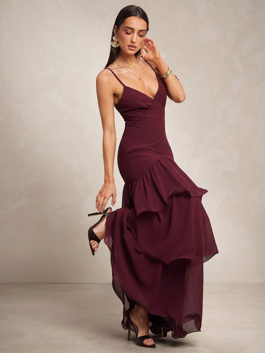 Silquee 优雅宴会/约会层叠下摆吊带连衣裙 - 紫羅蘭色 - 查看 1