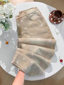 Comfortcana 大码休闲时尚水钻弹力腰阔腿超长妈妈款牛仔裤，适合夏季、春季、复活节、节日、海滩、毕业季等各种场合，包括毕业季、假日、海滩、乡村音乐会等。亮片裤、闪光牛仔裤、亮片牛仔裤等都是不错的选择。 - 卡其色 - 查看 1