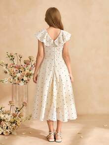 SHEIN 少女优雅简约时尚V领荷叶边无袖高腰中长纯色雪纺杏色波点派对连衣裙，夏季少女毕业婚礼花童连衣裙，少女米色夏季连衣裙，少女奶油色波点连衣裙，少女茶会连衣裙，少女优雅米色白色波点连衣裙，象牙色波点连衣裙 - 卡其色 - 查看 2