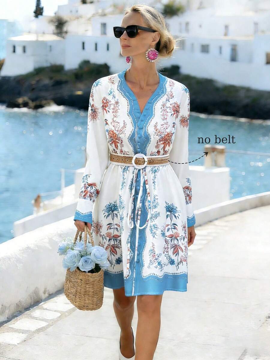Chiquease Women White Floral Boho A Line Mini Dress,Autumn Long Sleeve Stand Collar Flared Hem Knot Detail Woven Short Dress,Tea Party Holiday Resort Wear - Multicolor - View 1