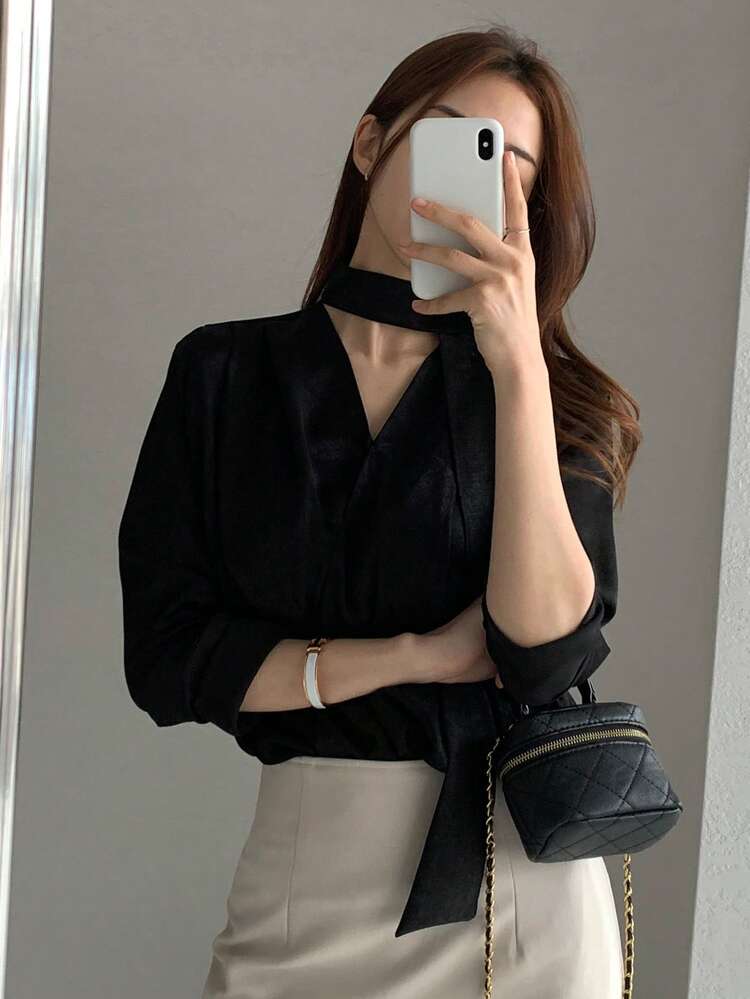 V-Neck Layering Shirt For Women, Long Sleeve Blouse With Unique Design, Delicate And Elegant French Style Top Summer
