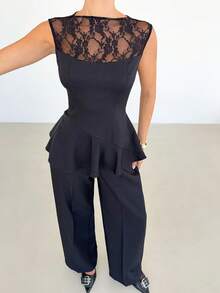 Siren Gaze Women's Lace Patchwork Cap Sleeve Top And Wide Leg Pants Casual Commuter Outfit Black Two Piece Set Women - Black - View 5