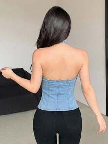ICON Top halter de mezclilla elástico y sin mangas sexy para mujer, corsé azul, top de verano lindo - Lavado ligero - Ver 2