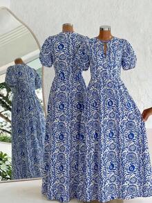 Breezaya Vestido largo de manga corta con cuello redondo, estampado floral, lazo delantero y abertura, vestido de línea A para primavera/verano; Vestido largo casual con lazo en el cuello, manga de tulipán y línea A para 2026; Vestido de vacaciones de verano; Vestido de primavera para mujer; Vestido de playa; Vestido de cumpleaños; Vestido de salida para mujer; Vestido casual elegante para viajes/vacaciones; Vestidos casuales para mujer; Vestidos azules para mujer; Vestido de graduación; Vestidos de verano para mujer, conjunto de Santorini - Azul y blanco - Ver 3