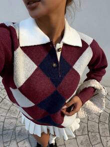 Chiquease Pull basique minimaliste à carreaux pour femmes, style coréen simple et mode. Pull boutonné pour femmes en automne/hiver - Multicolore - Voir 6