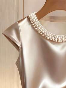 Franclia Champagne Satin Embellished Collar Pearl Knit T-Shirt For Women, Spring/Summer Pearl Top Satin Top Classy Top Elegant Top Women Tops Elegant - Champagne - View 4