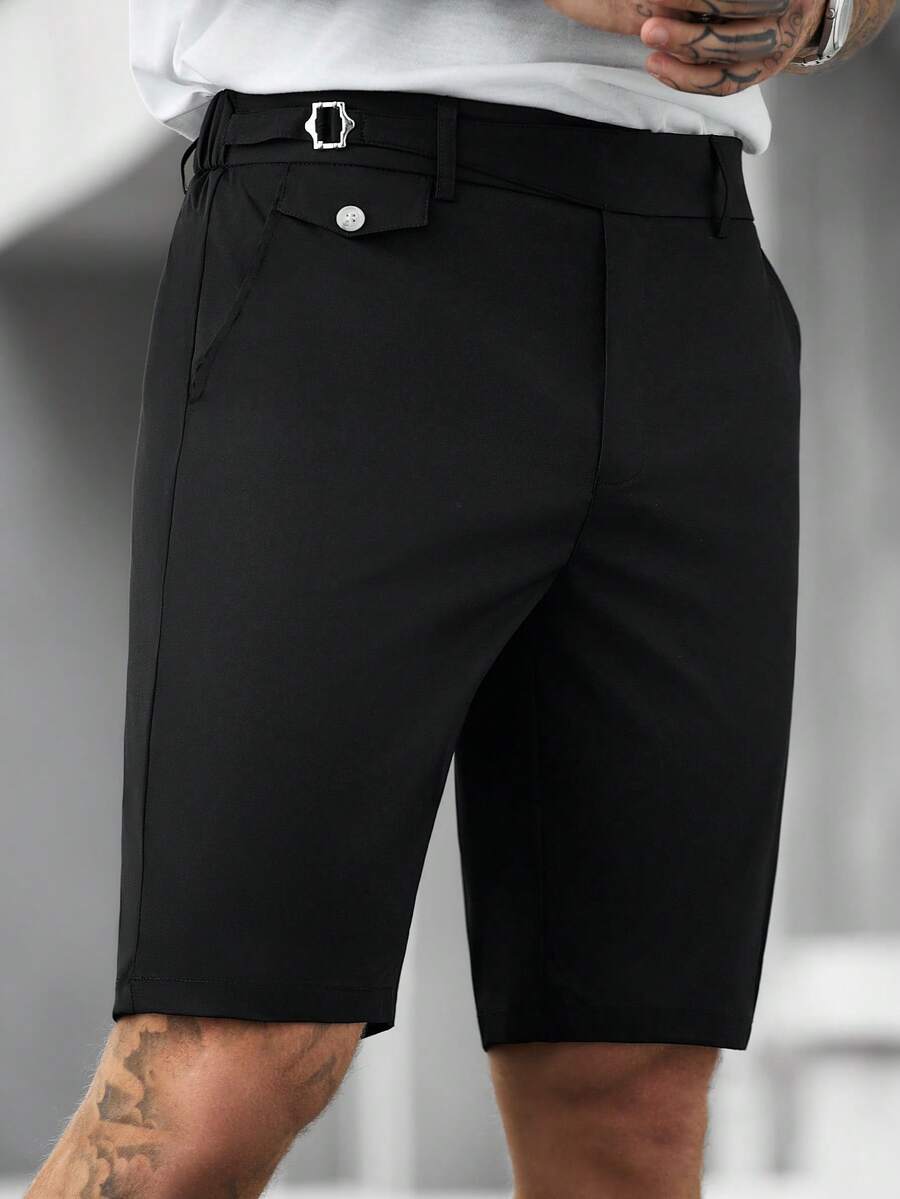 Manfinity CasualCool Men's Solid Color Pocket Casual Knee-Length Shorts Black Dress Shorts Men Black Designer Shorts Man Black Shorts Men - Black - View 1