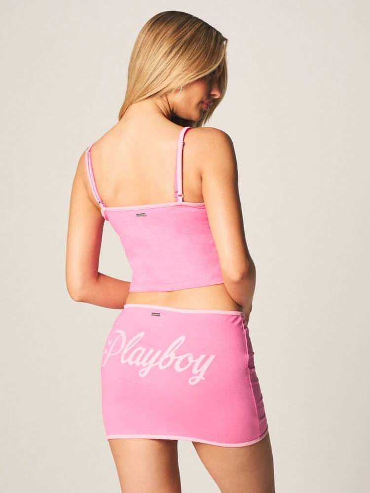 Missguided x Playboy Women's Pink Two Piece Cami Top Mini Skirt Set Sleeveless Crop Top Bodycon Skirt Coordinated Outfit
