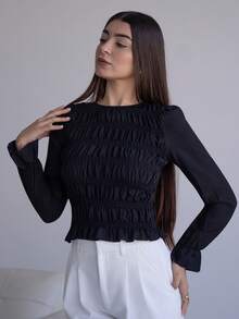 Andrea Bello Blusa a maniche lunghe con collo rotondo plissettato, tinta unita, da donna - nero - Visualizzare 5