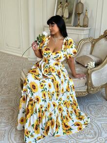 Lyrianda Modest Plus Size Sunflower Print Dress, Suitable For Spring/Summer Vacation - Multicolor - View 7