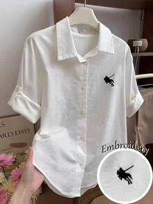 GlowEve 女士休闲日常通勤简约百搭骑士刺绣卷边袖衬衫，夏季 - 白色 - 查看 1