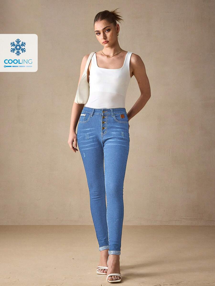 SHEIN Essnce Casual Washed Skinny Fit Denim Jeans - Blue - View 1