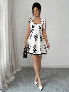 Elenzga 女士优雅印花系带露肩收腰度假连衣裙，夏季 - 杏色 - 查看 5