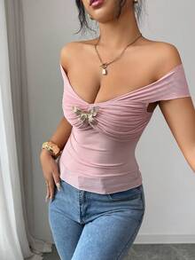 Elenzga Women's Fashion Sexy Off Shoulder Bowknot Ruffle T-Shirt - Pink - View 6