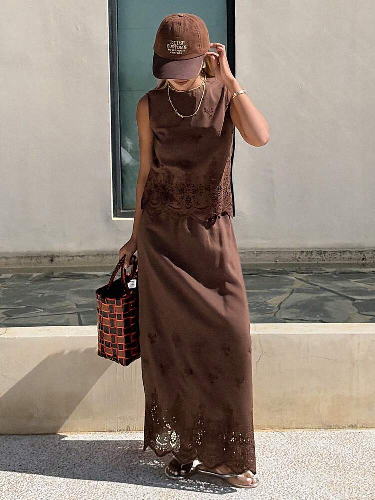 Women's Round Neck Sleeveless Lace Patchwork Vest And Long Skirt Set, Vacation & Casual Style Summer