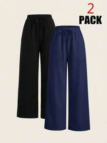 SHEIN PETITE CURVE 2pcs Plus Size Women Casual Solid Color Drawstring Waist Loose Wide Leg Pants, Versatile For Daily Commute - Blue - View 6
