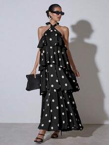 COSMINA Women's Casual Elegant Polka Dot Print Halter Neck Ruffle Hem Dress, Summer - Black - View 3