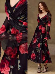 MOTF PREMIUM WOMEN'S ROSE PRINT ELEGANT LONG SLEEVE MIDI-LENGTH DRESS, SUITABLE FOR DATES, SPRING/SUMMER - Multicolor - View 2
