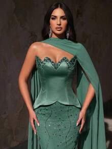 Glamrae 优雅奢华彩色水钻性感无肩带美人鱼晚礼服，适合婚礼、派对、度假、舞会（装饰繁复） - 綠色 - 查看 5