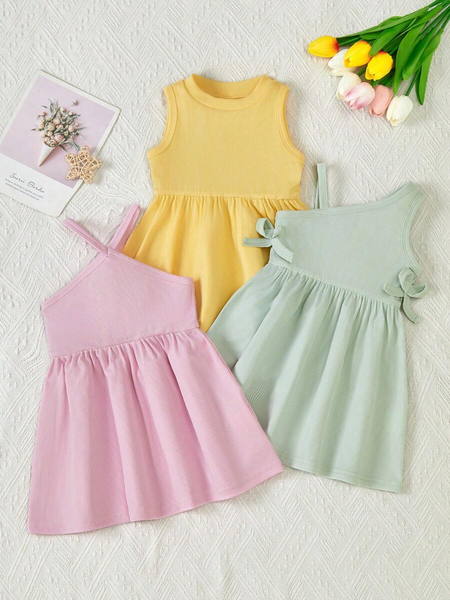 SHEIN Playful Pals 3件組嬰兒女寶寶紫色與黃色夏季休閒度假Y2K純色羅紋針織背心掛脖單肩A字洋裝套裝 - 彩色 - 查看 1