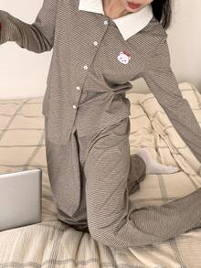DAZY Ensemble de pyjama pour femme avec imprimé ours de bande dessinée, rayures et couleurs contrastées au col - Vert - Voir 6