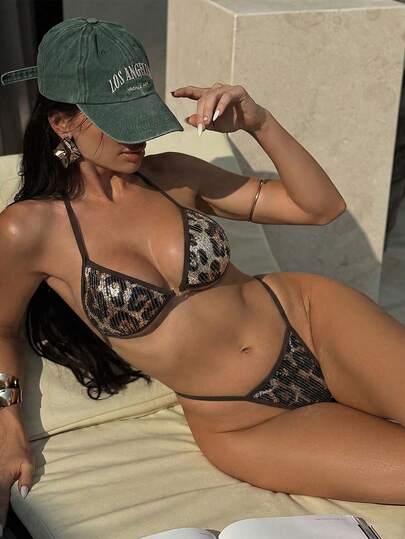 Swim SXY Women's Sexy Leopard Print Beaded Fabric Backless Criss-Cross One-Piece Swimsuit, Summer