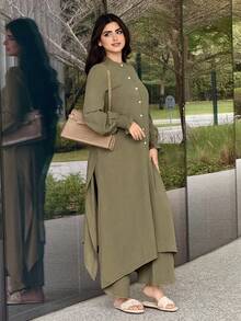 Veilorie Women's Solid Color Front Button Asymmetric Hem Long Sleeve Top And Pants Elegant 2 Pieces Set - Army Green - View 5