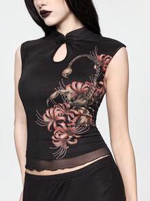 ROMWE Goth 哥特蝎子与孤挺花印花女士套装 - 黑色 - 查看 2