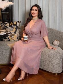 Modelyn Elegant Metallic Thread & Sequin Embellished Plus Size Dress For Women, Spring - Dusty Pink - View 7
