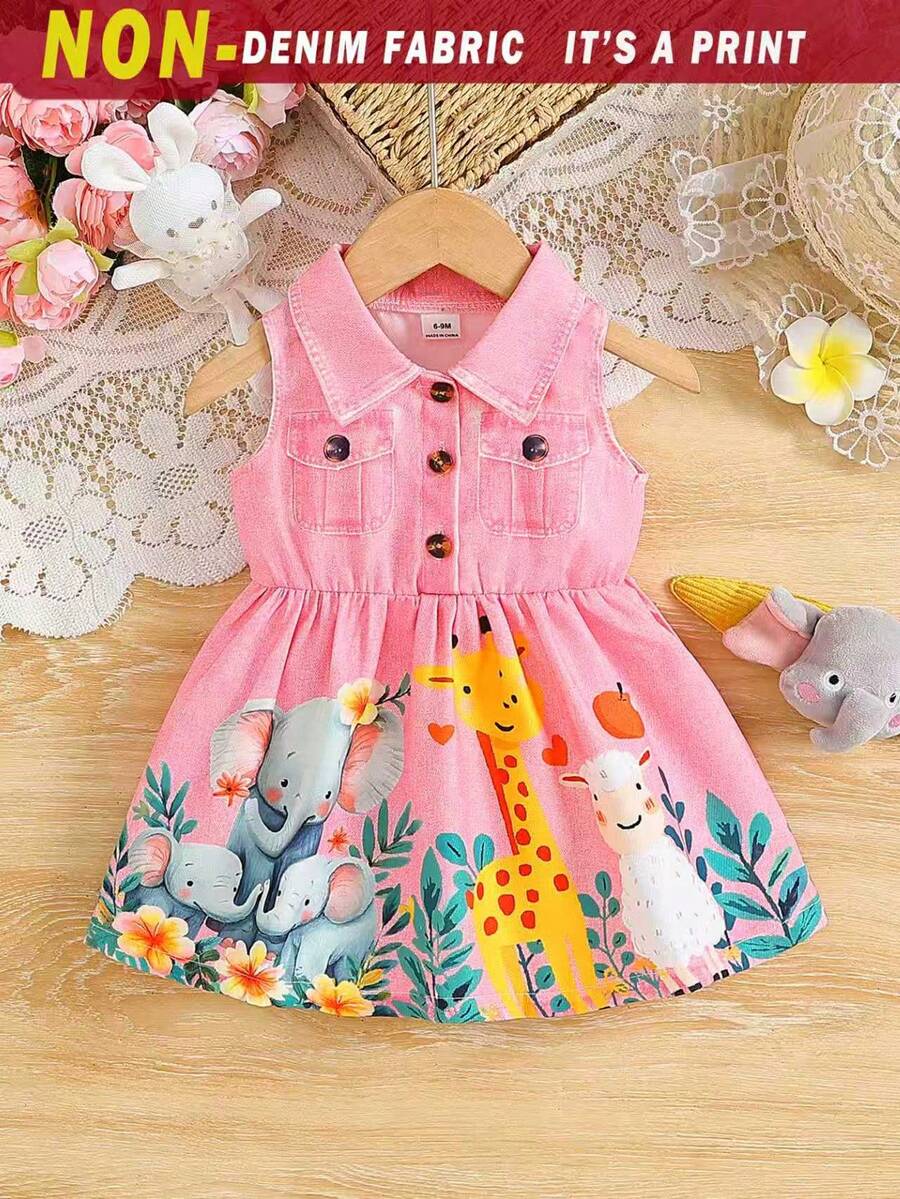 SHEIN 1 chiếc đầm denim không tay cổ bẻ cài nút cho bé gái, in hình động vật hoạt hình, dễ thương, thời trang, đa năng, phong cách retro, màu hồng nhạt, có túi giả, hàng mới mùa hè, thích hợp cho du lịch, nghỉ lễ, dự tiệc và nhiều dịp khác. - Hồng - Xem 1