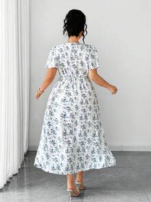 Elenzga Chic Plus Size Women's Blue Random Floral Print Long A-Line Dress With V-Neck And Half Puff Sleeves - Blue - View 2