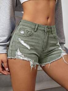 SHEIN Tall 高个女式夏季低腰破洞毛边牛仔短裤 - 綠色 - 查看 5