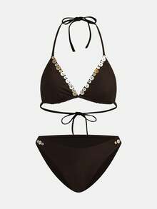 Maija Bộ bikini hai mảnh cổ yếm trang trí cúc dành cho nữ, thích hợp cho kỳ nghỉ hè. - màu nâu - Xem 6