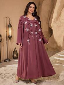 Al Najma Casual Solid Color Embroidered 3D Floral Decor Long Sleeve Loose Regular Spring/Autumn Plus Size Women Arabic Maxi Dress - Redwood - View 6