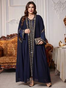 Al Najma Navy Blue Summer Modest Muslim Wedding Al-Adha Abaya Kaftan Jalabiya Dress,Patchwork Ribbon Trim Loose Chiffon Cardigan,Plus Size Women Long Robe - Navy Blue - View 5