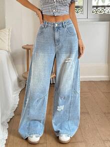 Rivivi Quần jeans nữ ống loe rách rưới kiểu râu mèo, thích hợp mặc hàng ngày. - Rửa nhẹ - Xem 4