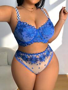 Plus Size Sexy Embroidered Floral Strap Bra + Panty 2 Pieces Set Sexy Two Piece Set High Waist Lingerie Set See Through Two Piece Set Lingerie Two Piece Set - Blue - View 4