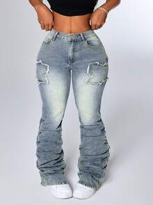 Flirla Jeans slim évasé avec poche de couleur contrastée, grande taille - Bleu azur - Voir 4