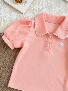 4Y-7Y Girls Casual Waffle Ruffle Collar Embroidered Camel Short Sleeve T-Shirt, Comfortable Soft Suitable For Spring/Summer Outdoor, Can Be Used As Gift - Pink - View 4