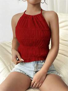 Almamuse Women's Burgundy Red Halter Neck Tank Top, Sleeveless Slim Fit Ruffle Hem Knit Crop Top,Summer Chic Night Out Fashion Solid Color Cute Tops - Burgundy - View 4