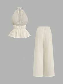 SHEIN PETITE CURVE 两件套蝴蝶结装饰，度假风，优雅纹理面料露背吊带背心搭配松紧腰直筒裤，夏季沙滩装，露肩无袖休闲时尚 - 杏色 - 查看 2