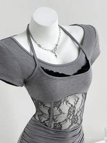 Elamini Vestido casual de mujer con mangas cortas, parches de encaje y pliegues, ropa gótica de encaje, camiseta de encaje al por mayor, camiseta corset, blusas de manga corta para mujer, vestido ajustado para mujer, vestido con inserciones de encaje - Gris - Ver 6