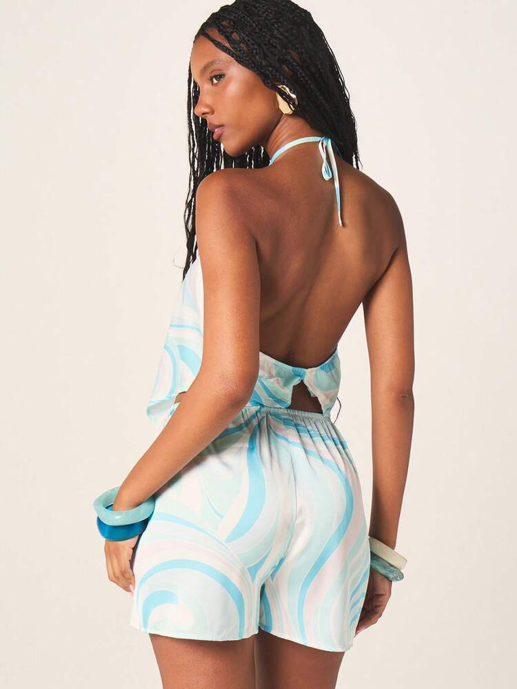 MISSGUIDED Top estivo casual con scollo ad aletta, schiena scoperta e dettagli tagliati, con stampa a spirale, adatto per vacanze al mare e festival