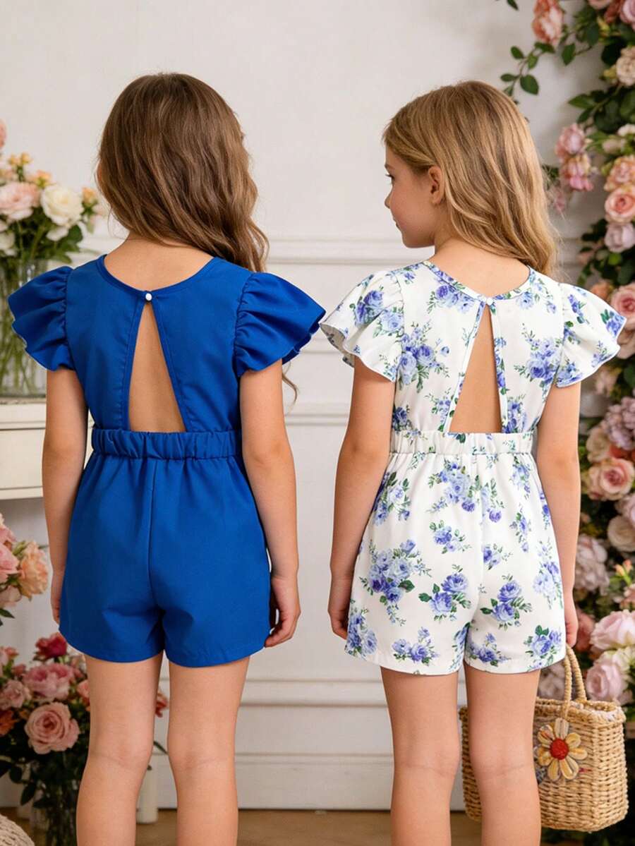Souflis Souflis 2件套 女童彩色蓝色玫瑰印花+纯蓝色露背连体衣 - 彩色 - 查看 1