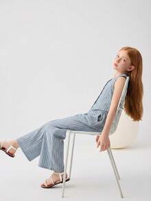 SHEIN Bộ đồ 2 món cho bé gái tuổi teen, gồm áo vest kẻ sọc và quần ống rộng, thích hợp cho kỳ nghỉ. - Xanh và trắng - Xem 3