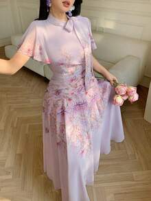 Modelyn 女士系带腰部褶皱印花喇叭连衣裙 - 淡紫色 - 查看 8